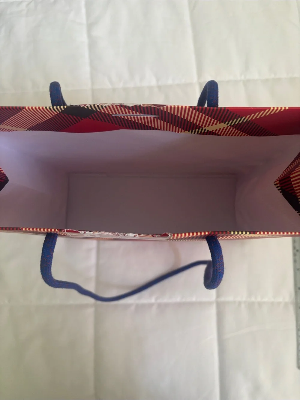 Burberry Red Plaid Tote with Navy Handles 10 x 11“